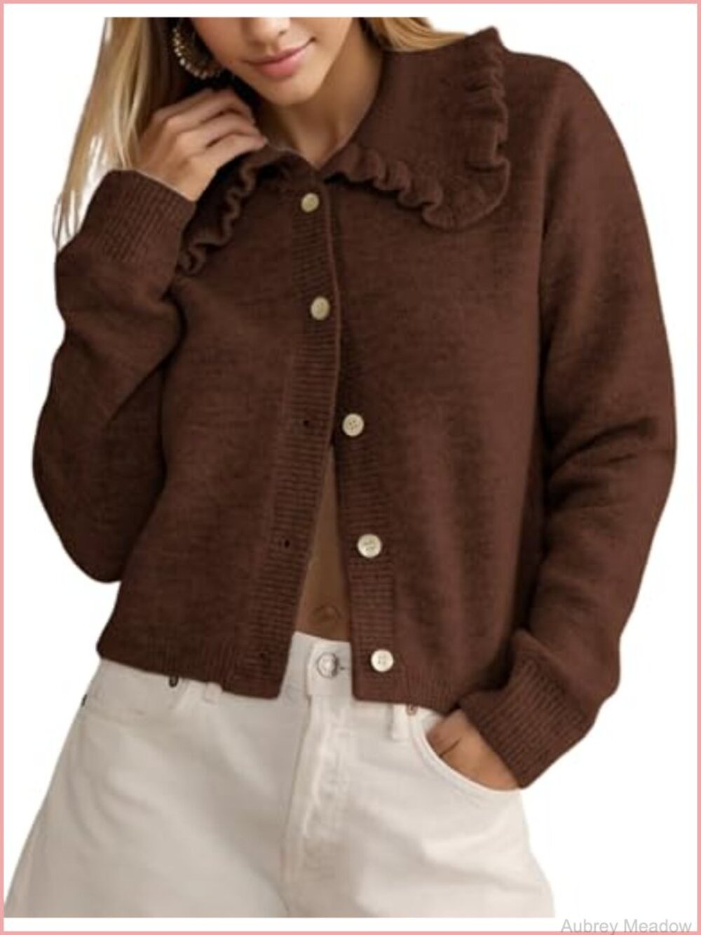 Ruffled Collar Button Down Crop Cardigan Long Sleeve Knit Sweater